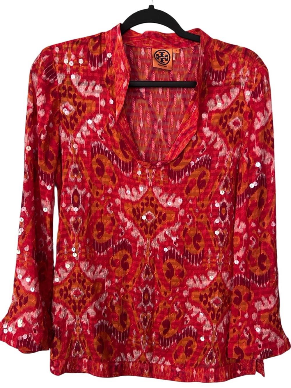 Tory Burch Silk Blend Sequin Orange Tunic Top Size 4